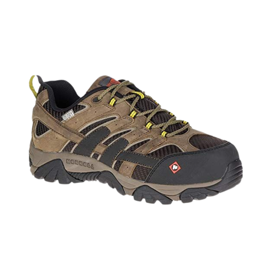 Angled View of Men’s Merrell Moab 2 Vent Composite Toe work shoe in boulder – featuring a rugged Vibram® outsole for traction, cushioned midsole for all-day support, and durable leather-mesh construction.