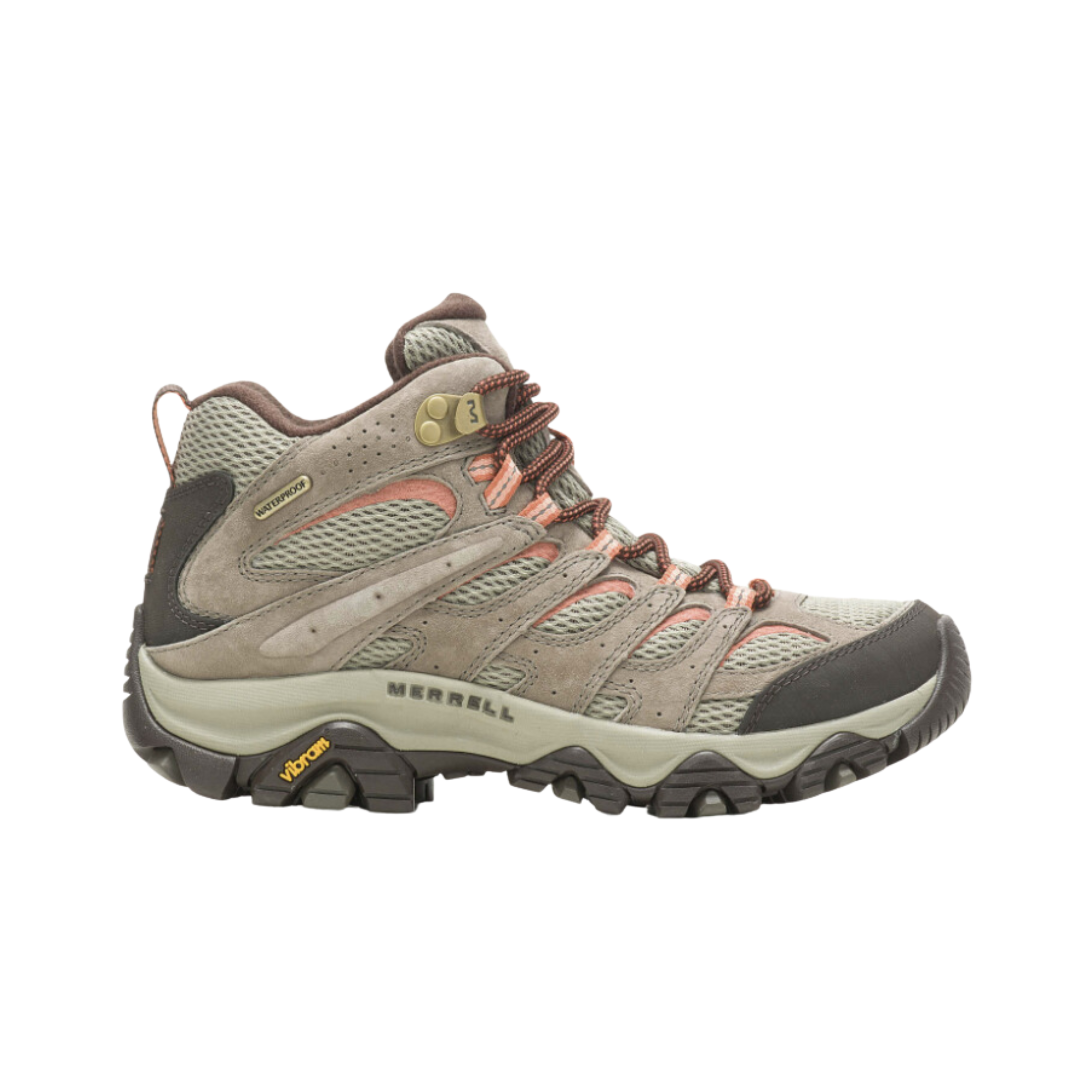 Side view of Women’s Merrell Moab 3 Mid WP hiking and work boot in tan, peach, black, and sage green – featuring waterproof membrane, durable leather and mesh upper, protective toe cap, cushioned midsole for shock absorption, and rugged outsole with aggressive tread for trail grip.