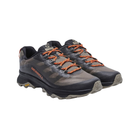 Side View of Men’s Merrell Moab Speed Low brindle in black and orange  – featuring rock plate and FloatPro™ midsole for trail agility, with a reinforced toe for durability.