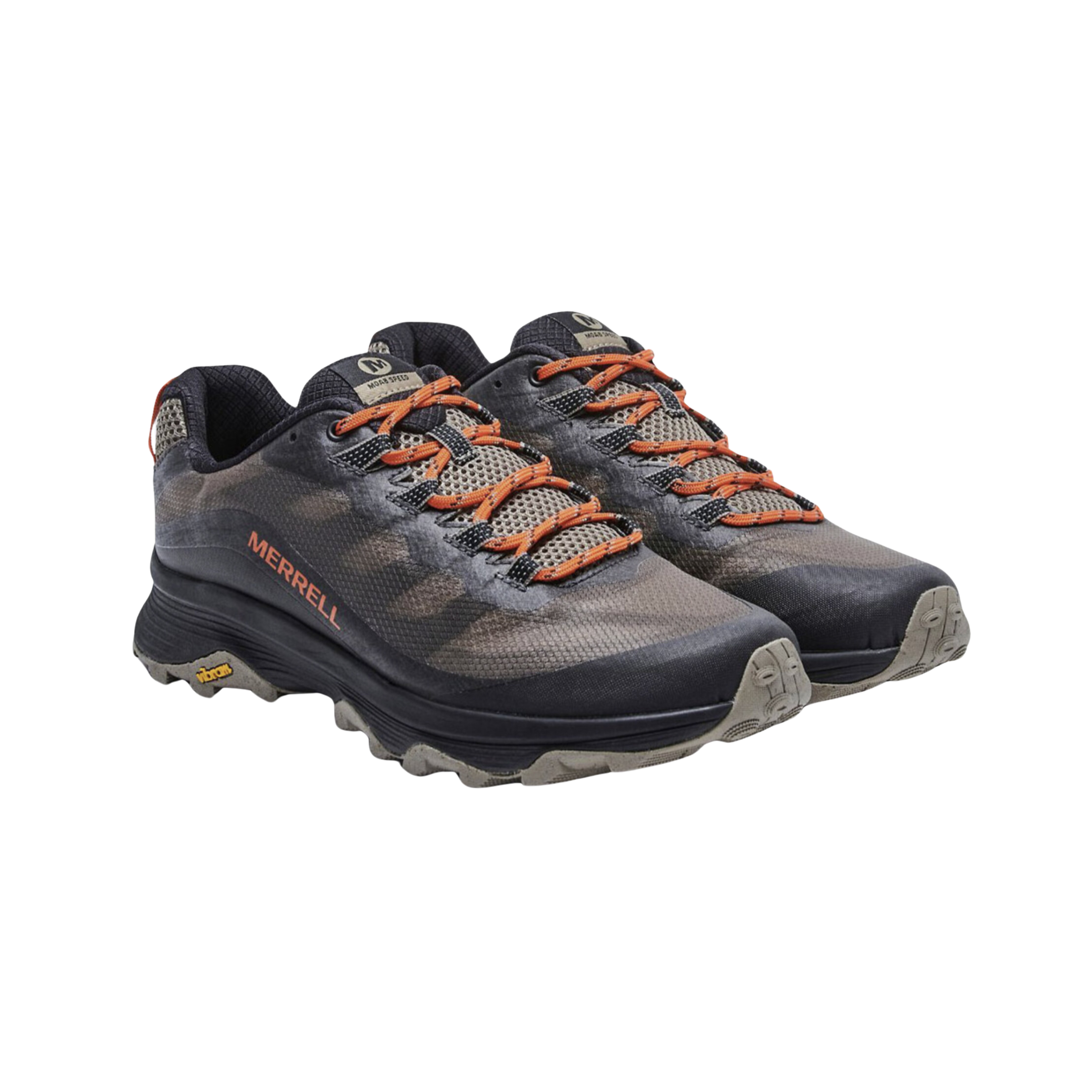 Side View of Men’s Merrell Moab Speed Low brindle in black and orange  – featuring rock plate and FloatPro™ midsole for trail agility, with a reinforced toe for durability.