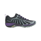 Side View of Women’s Merrell Siren Edge 3 in black and acai – featuring Q FORM® 2 stability technology, air cushion heel, and mesh lining for hiking support.