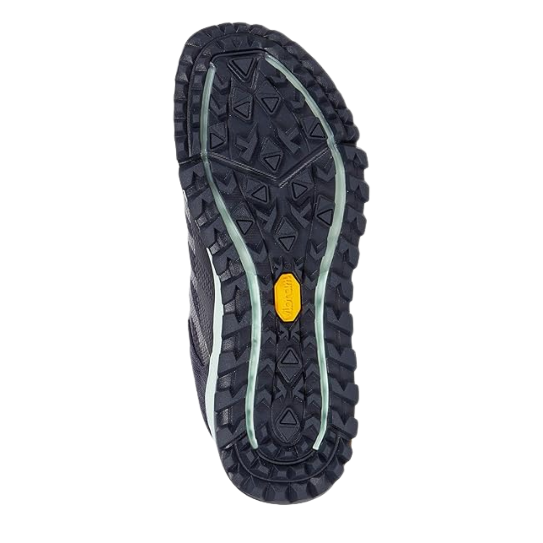 Bottom view of Women’s Merrell Antora 2 in Navy/Jade – featuring a durable Vibram® outsole with multi-directional lugs, heel brake zone, and high-traction tread built for trail stability and mixed terrain.