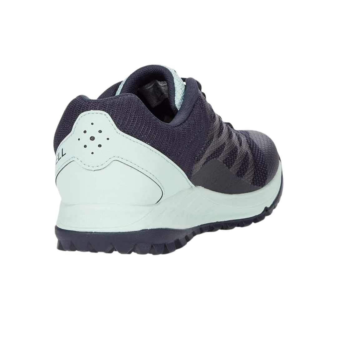 Back view of Women’s Merrell Antora 2 in Navy/Jade – featuring a molded heel counter, rear pull tab for easy on/off, and mid-height ankle collar for a secure rearfoot fit.