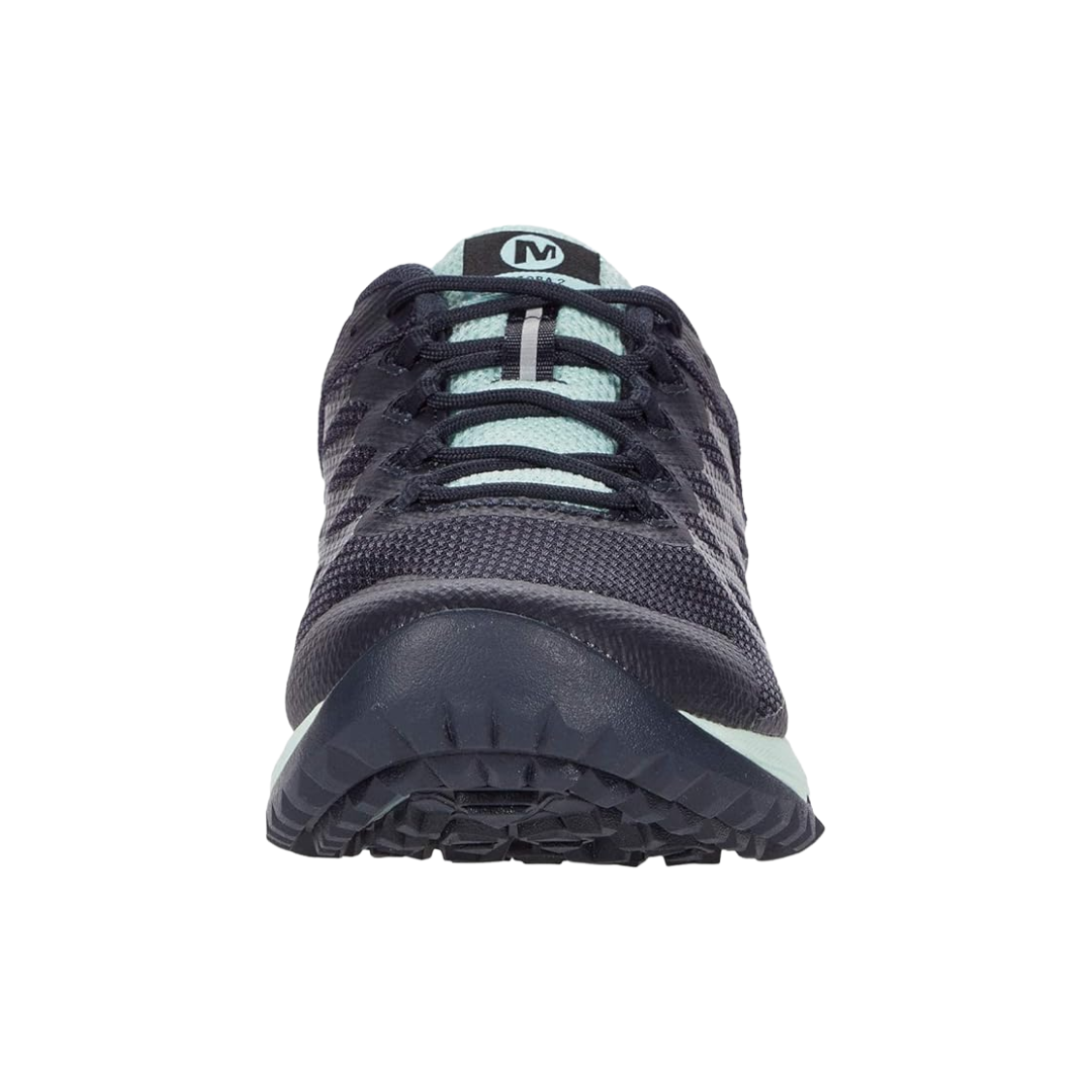 Front view of Women’s Merrell Antora 2 in Navy/Jade – featuring a rounded mesh toe box in deep navy, protective toe cap overlay, and secure lace-up closure for a supportive, trail-ready fit.