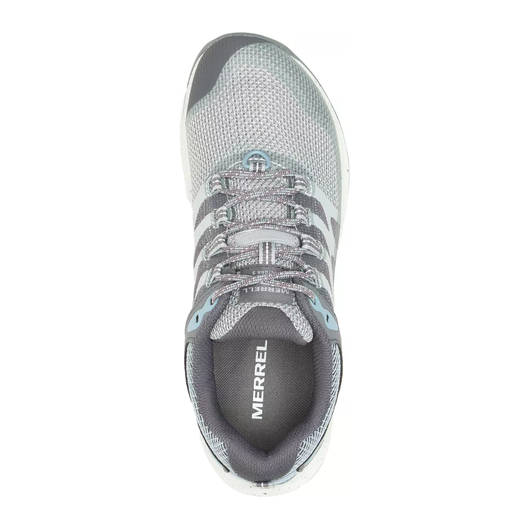 Top view of Women’s Merrell Antora 3 hiking shoe in highrise – featuring padded collar and tongue for ankle support, moisture-wicking lining to keep feet dry and healthy, and secure lace-up closure for locked-in fit.
