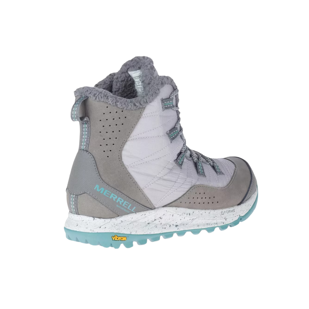 Angled view of Women’s Merrell Antora Sneaker Boot in Paloma – featuring a breathable mesh upper in light grey, waterproof protection, high-rebound midsole, and a hybrid sneaker-boot silhouette built for hiking and everyday adventures.