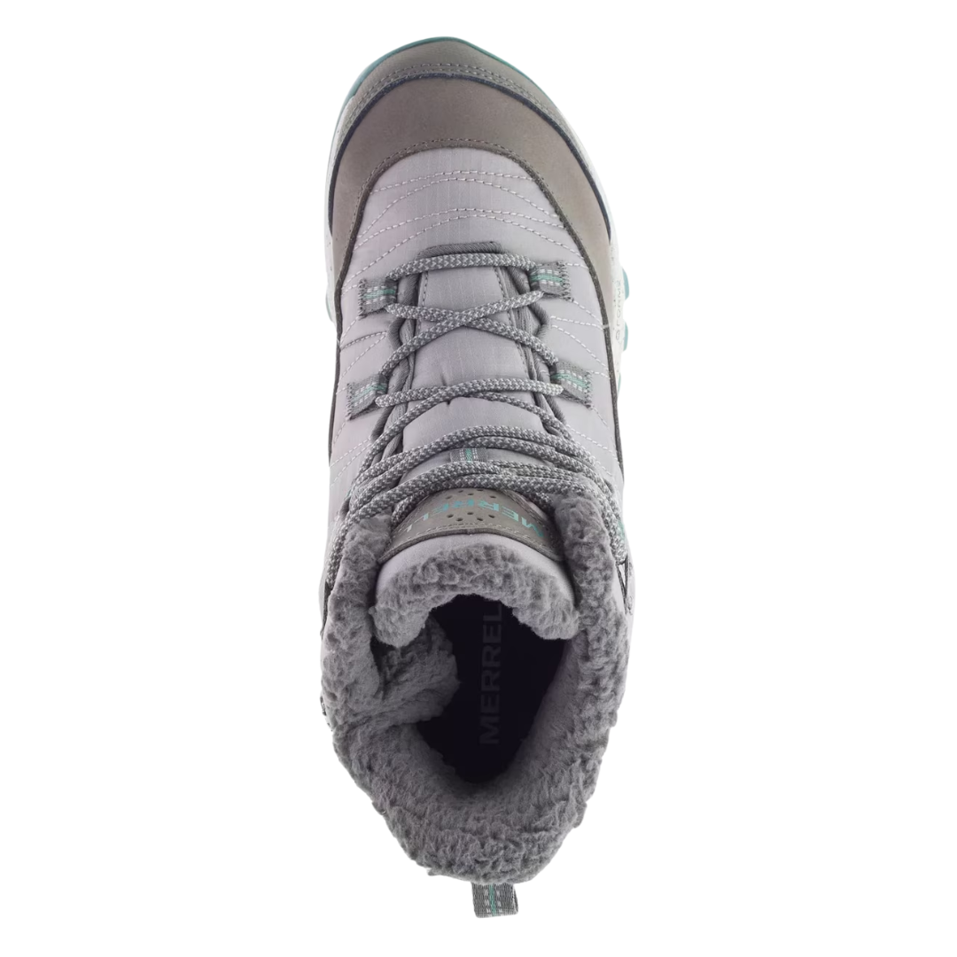 Top view of Women’s Merrell Antora Sneaker Boot in Paloma – featuring a padded tongue and collar, quick-pull laces, and dual-density insole designed to cradle the foot in a snug, trail-ready fit.