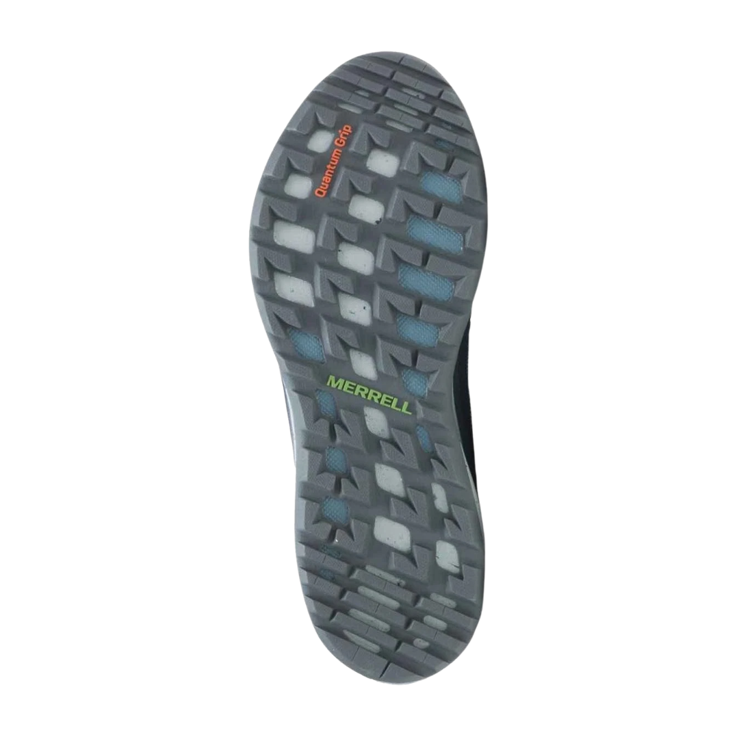 Bottom view of Women’s Merrell Bravada 2 in Navy – featuring a durable rubber outsole with multi-directional lugs, extended arch grip zone, and flex grooves for enhanced traction and agility on hiking trails.