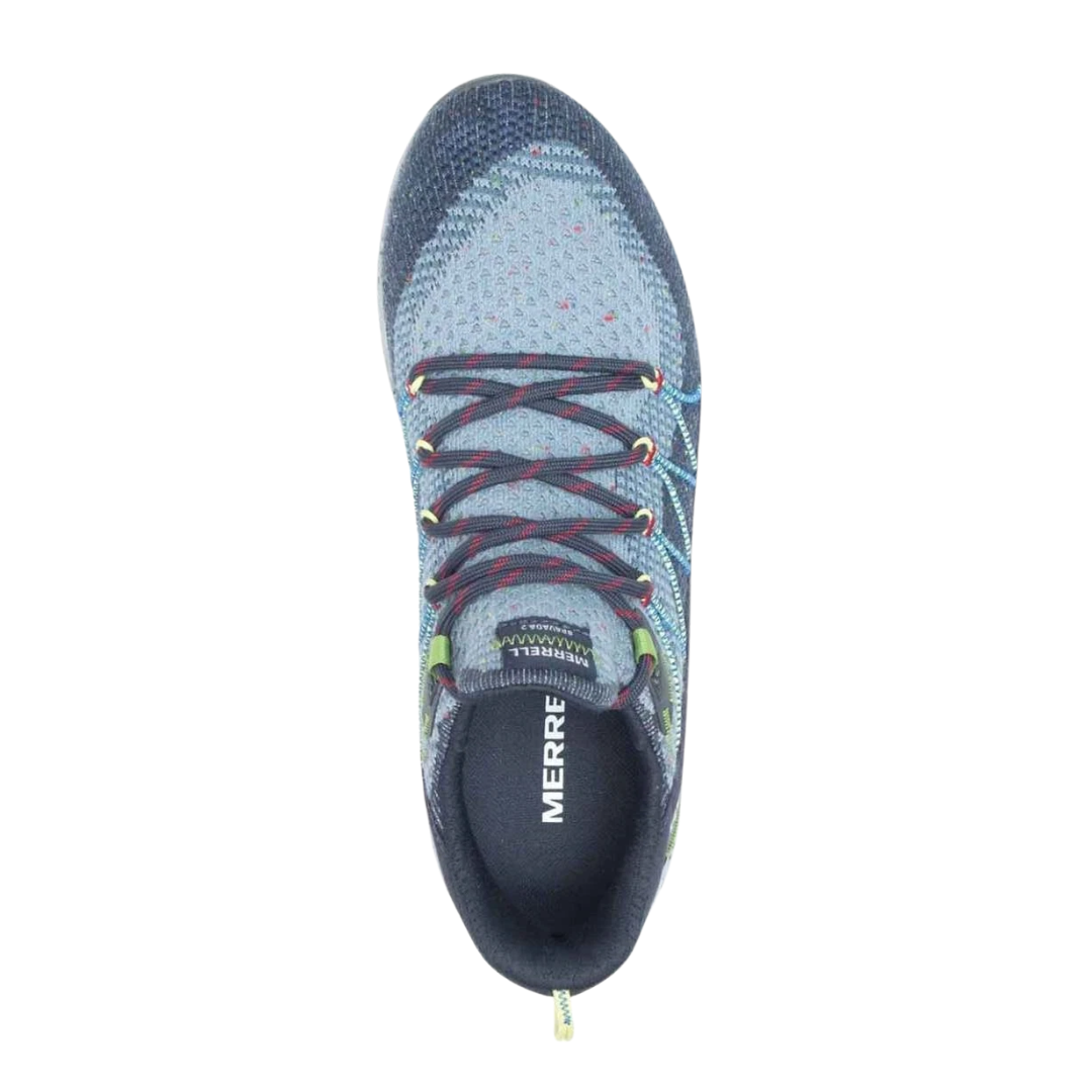 Top view of Women’s Merrell Bravada 2 in Navy – featuring a padded tongue and collar, contoured lace system, seamless mesh construction, and foot-conforming shape for comfort and control on uneven terrain.