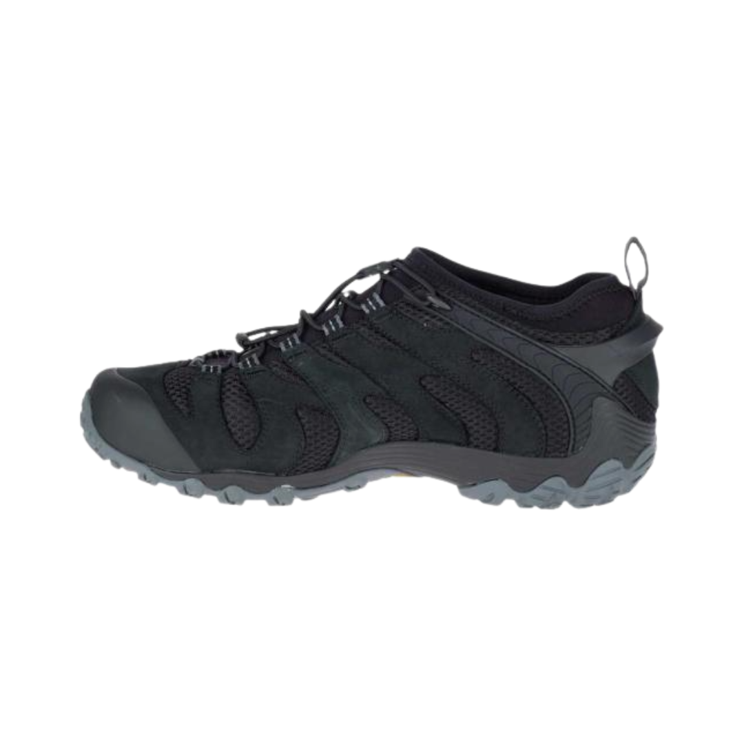 Side view of the Men’s Merrell Chameleon 7 Stretch in Black, showcasing the durable nubuck leather and mesh upper, elastic cord and lock lacing system, protective rubber toe cap, and supportive EVA midsole. Designed for stability, breathability, and adaptive comfort on rugged terrain.