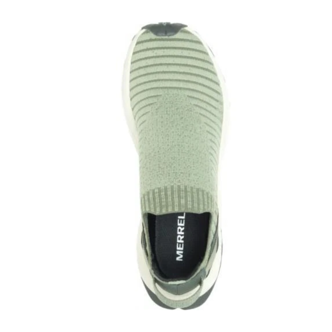 Top view of Women’s Merrell Embark Moc in tea – featuring a padded insole with anatomical arch support to help alleviate plantar fasciitis and neuropathy discomfort, moisture-wicking lining to keep feet dry and healthy, and easy slip-on design for convenience.