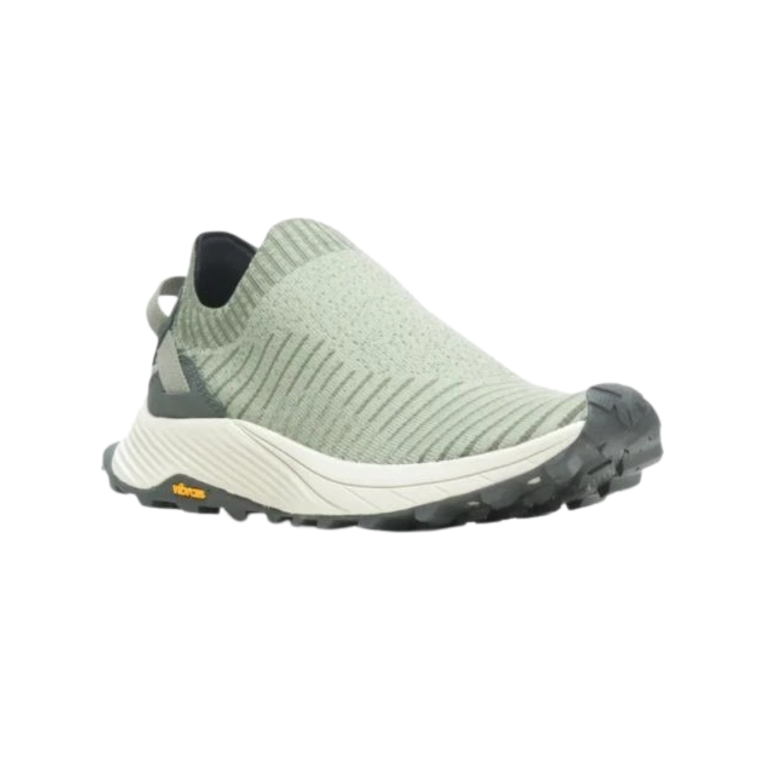 Side view of Women’s Merrell Embark Moc in tea – featuring a soft suede and leather upper with breathable mesh panels for ventilation, cushioned midsole with shock absorption to reduce joint stress, and padded collar for ankle comfort.
