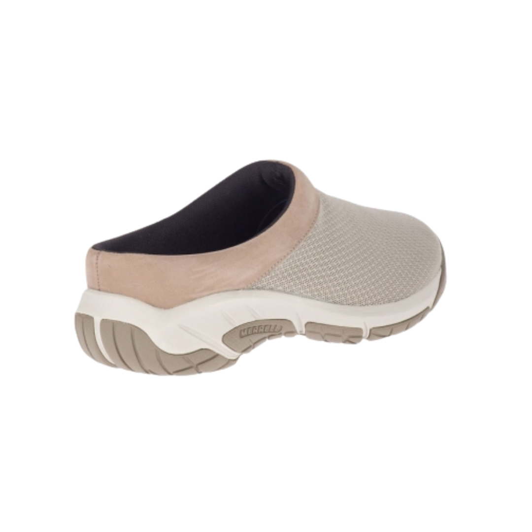 Angled View of Women’s Merrell Encore Breeze 4 in aluminum, tape and white – featuring mesh and synthetic upper, slip-on mule design, and COMFORTBASE™ footbed for all-day ease.