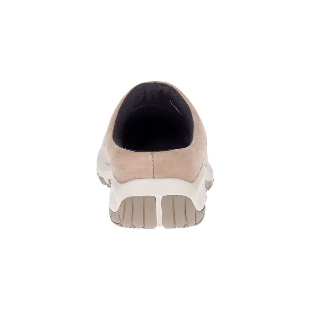 Back View of Women’s Merrell Encore Breeze 4 in aluminum, tape and white – featuring mesh and synthetic upper, slip-on mule design, and COMFORTBASE™ footbed for all-day ease.