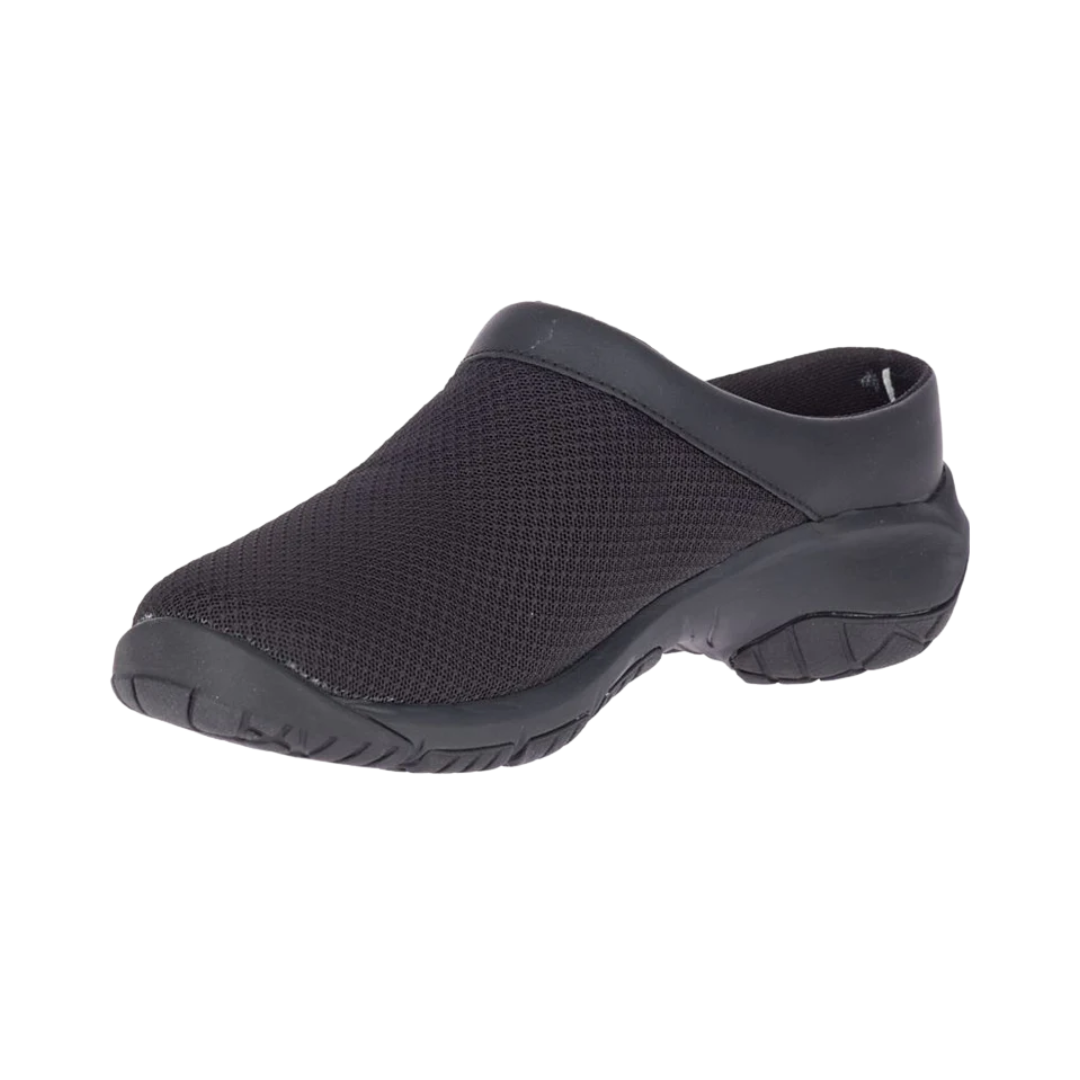 Side view of the Women’s Merrell Encore Breeze 4 Slip-On in Black, featuring a breathable mesh and leather upper with a lightweight, streamlined design. The shoe includes a supportive EVA midsole and Merrell Air Cushion heel for shock absorption, making it ideal for work, travel, and all-day comfort.