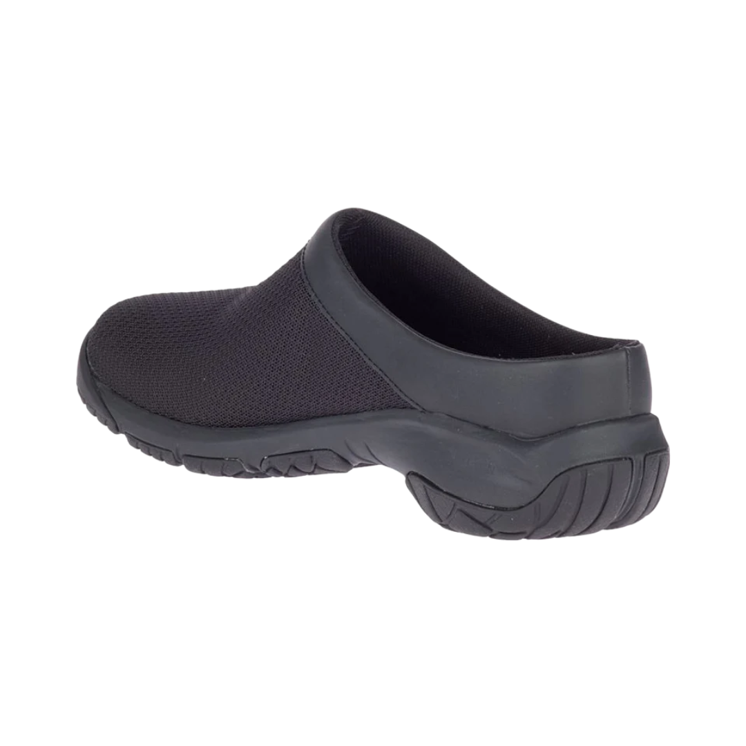 Side view of the Women’s Merrell Encore Breeze 4 Slip-On in Black, featuring a breathable mesh and leather upper with a lightweight, streamlined design. The shoe includes a supportive EVA midsole and Merrell Air Cushion heel for shock absorption, making it ideal for work, travel, and all-day comfort.