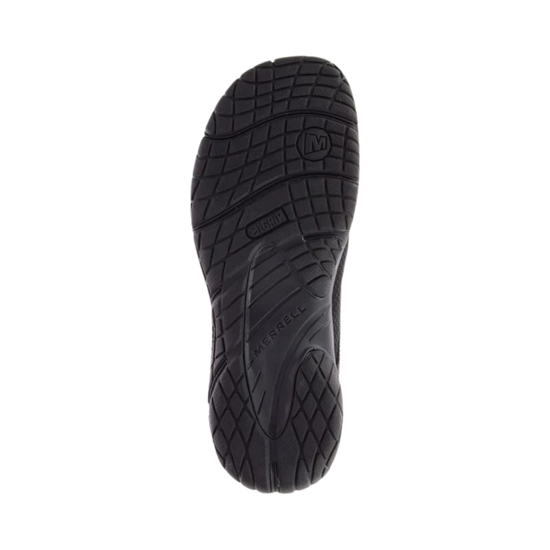 Bottom view of the Women’s Merrell Encore Breeze 4 Slip-On in Black, displaying the M Select GRIP rubber outsole with a durable traction pattern built for stability on both indoor and outdoor surfaces, supporting long hours on your feet.