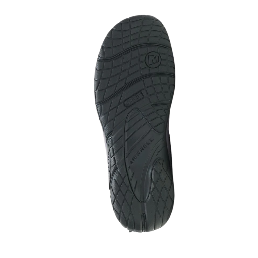 Bottom view of Women’s Merrell Encore Ice 4 slip-on in shark – featuring a Vibram Arctic Grip rubber outsole designed for superior traction on ice and slippery surfaces, multi-directional lugs for stability, and slip-resistant tread to reduce fall risk in winter conditions.