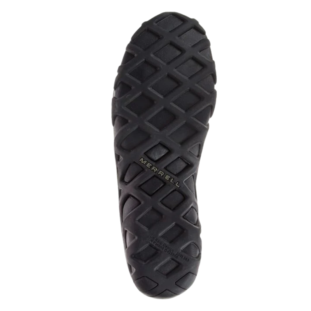 Bottom view of Men’s Merrell Jungle Moc in Midnight – featuring a rugged rubber outsole with multi-directional tread pattern, flex grooves for natural movement, and durable grip for light trail or urban surfaces.