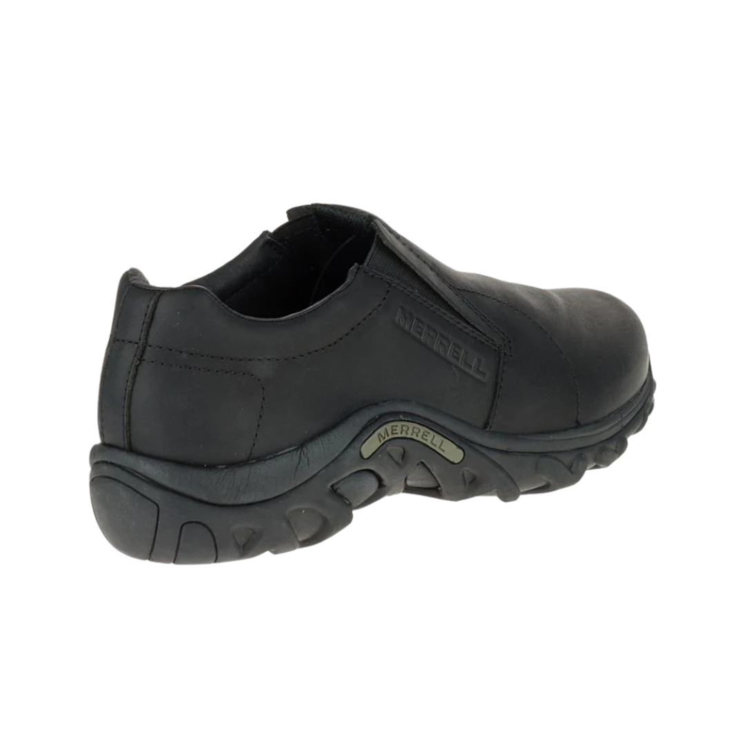 Angled view of Men’s Merrell Jungle Moc in Midnight – featuring a suede slip-on upper, dual elastic gores, lightweight cushioning, and sleek navy tone for versatile, low-maintenance wear.