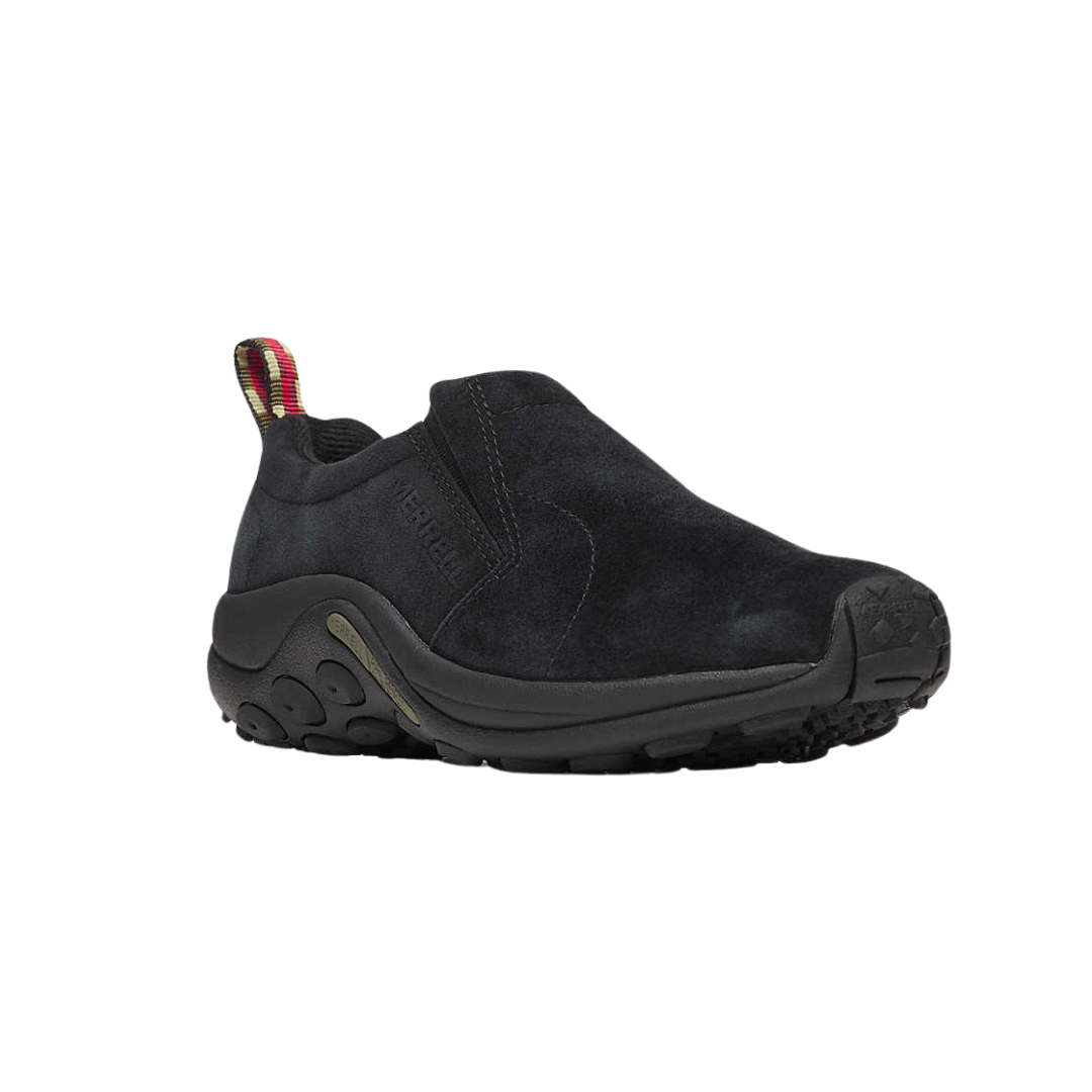 Angled view of Women’s Merrell Jungle Moc in midnight – featuring a sleek silhouette with minimalist styling, reinforced toe for durability, and soft interior for cozy wear.