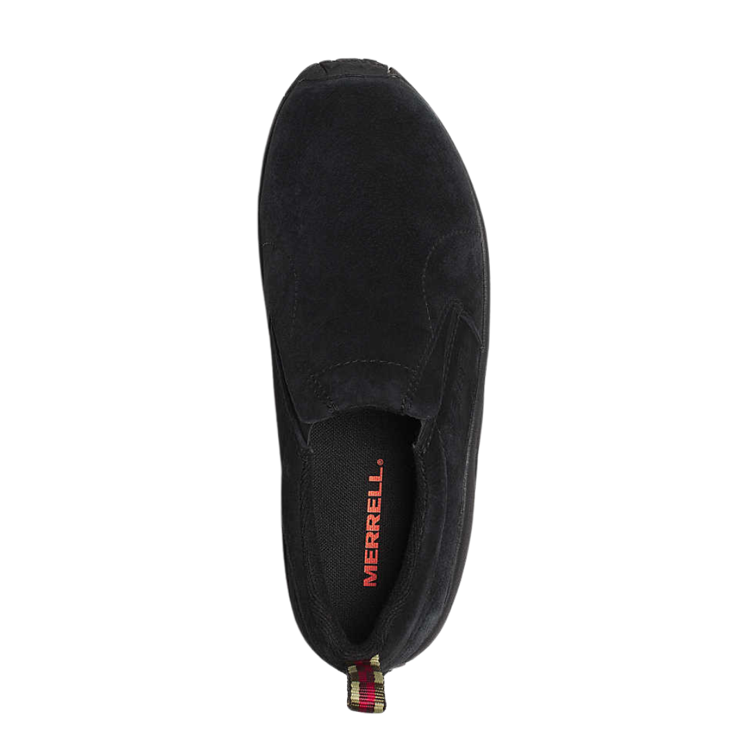 Top view of Women’s Merrell Jungle Moc in midnight – featuring padded collar for comfort, breathable lining to keep feet dry, and slip-on design for convenience.