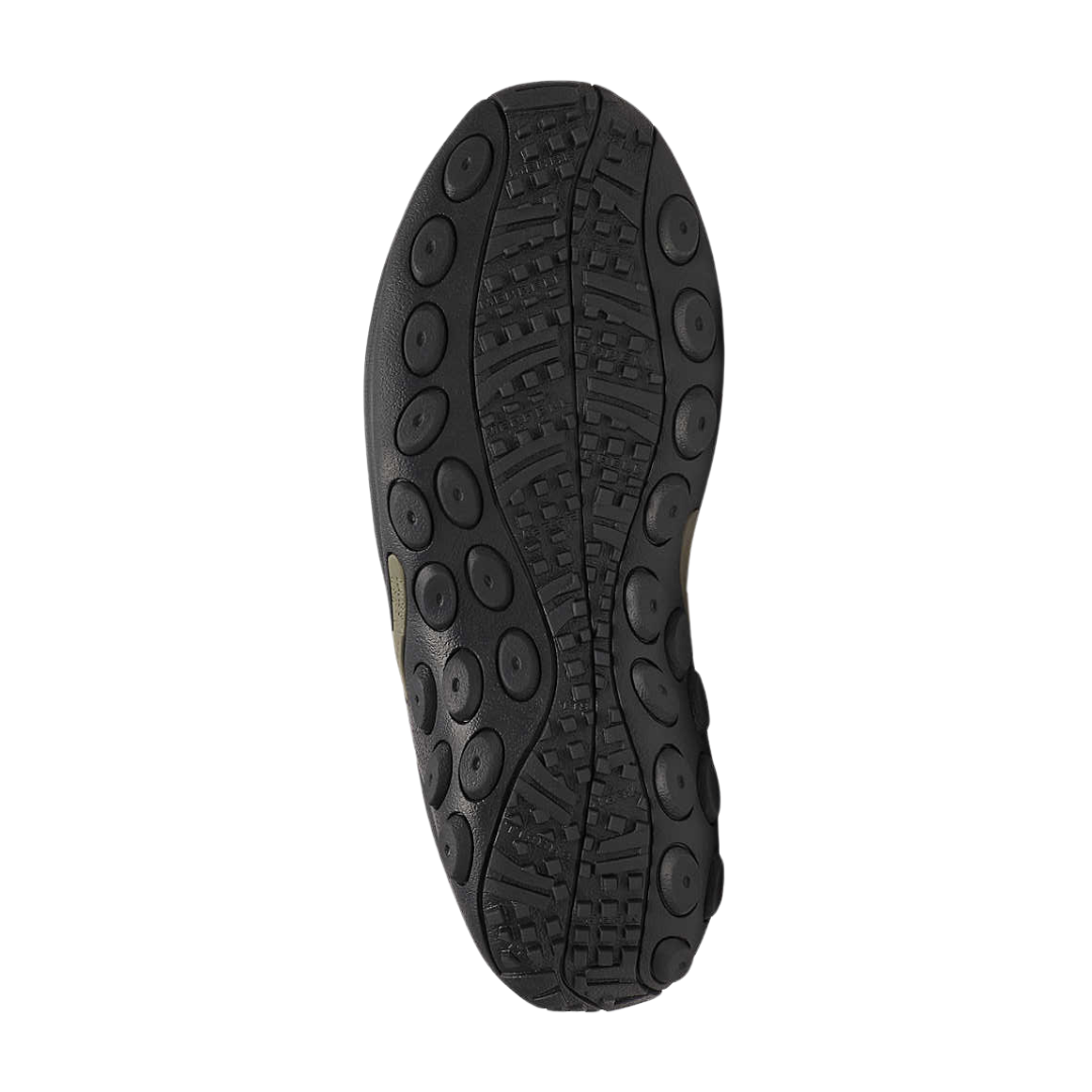 Bottom view of Women’s Merrell Jungle Moc in midnight – featuring a non-marking rubber outsole with shallow tread for everyday traction, and flexible sole for natural foot movement.