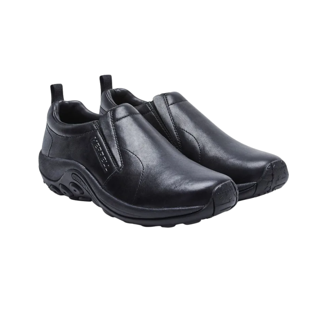 Angled view of Men’s Merrell Jungle Moc Leather 2 in Midnight – featuring a smooth leather upper, easy slip-on design, shock-absorbing midsole, and understated midnight colorway blending casual comfort with refined style.