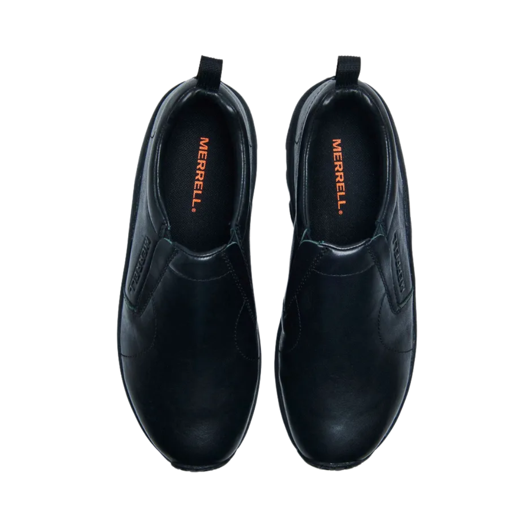 Top view of Men’s Merrell Jungle Moc Leather 2 in Midnight – featuring a contoured leather upper, wide slip-on entry with side stretch gores, and padded collar for a snug, secure fit.
