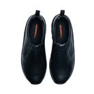 Top view of Men’s Merrell Jungle Moc Leather 2 in Midnight – featuring a contoured leather upper, wide slip-on entry with side stretch gores, and padded collar for a snug, secure fit.