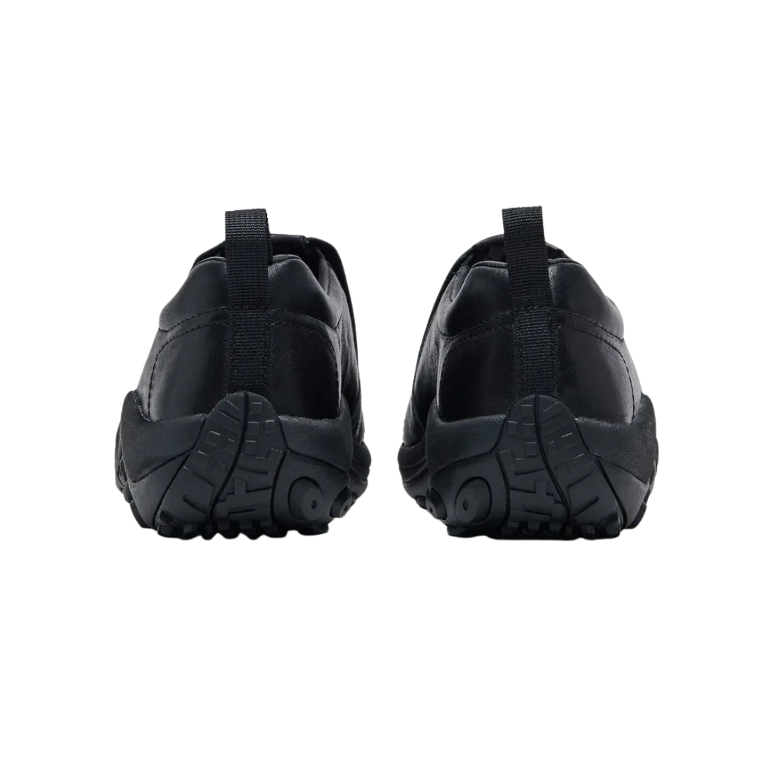 Back view of Men’s Merrell Jungle Moc Leather 2 in Midnight – featuring a structured heel with tonal pull tab, sleek collar shaping, and lightly flared outsole for rearfoot stability and comfort.