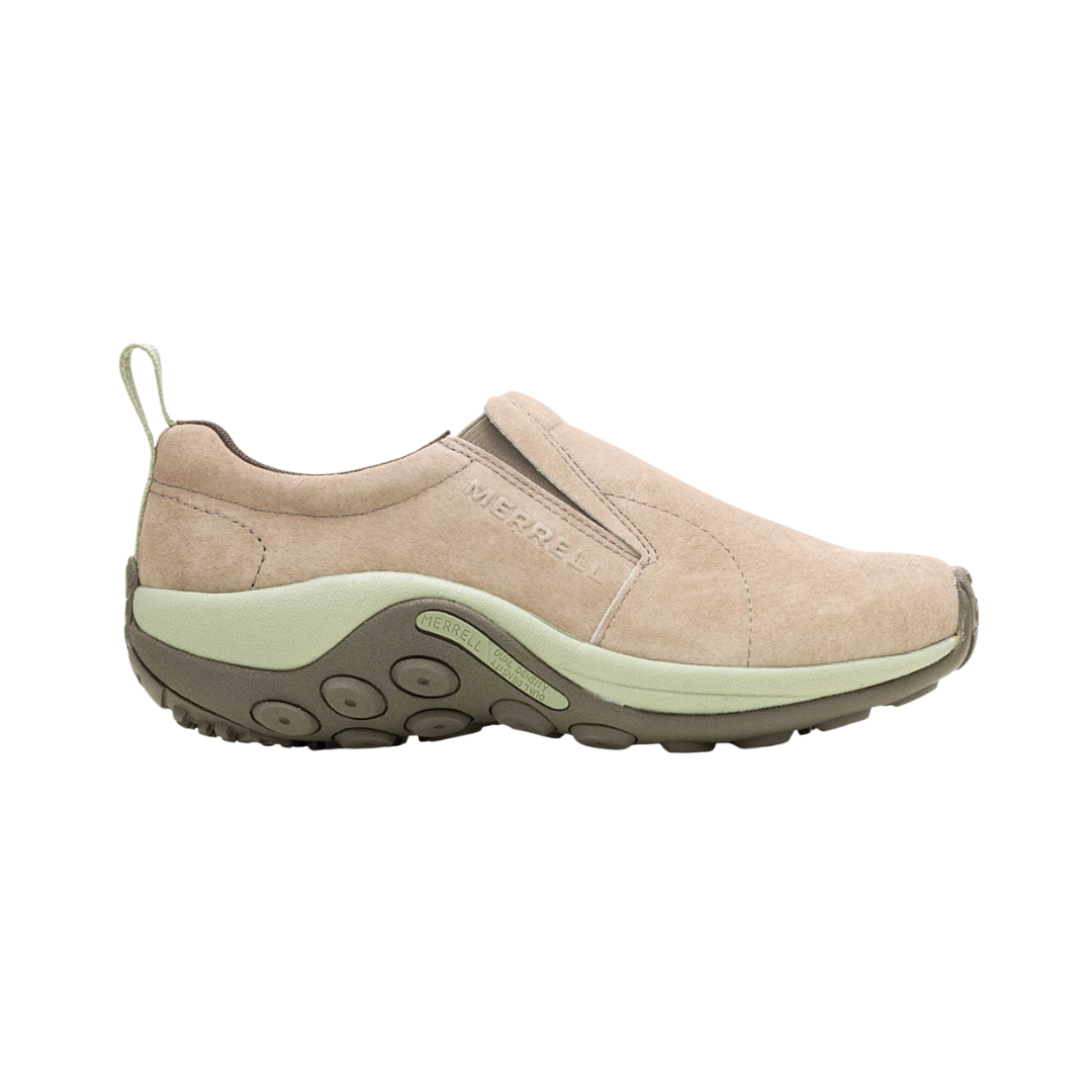 Side View of Women’s Merrell Jungle Moc in brindle tea – featuring easy slip-on suede design, molded nylon arch shank, and breathable mesh lining.