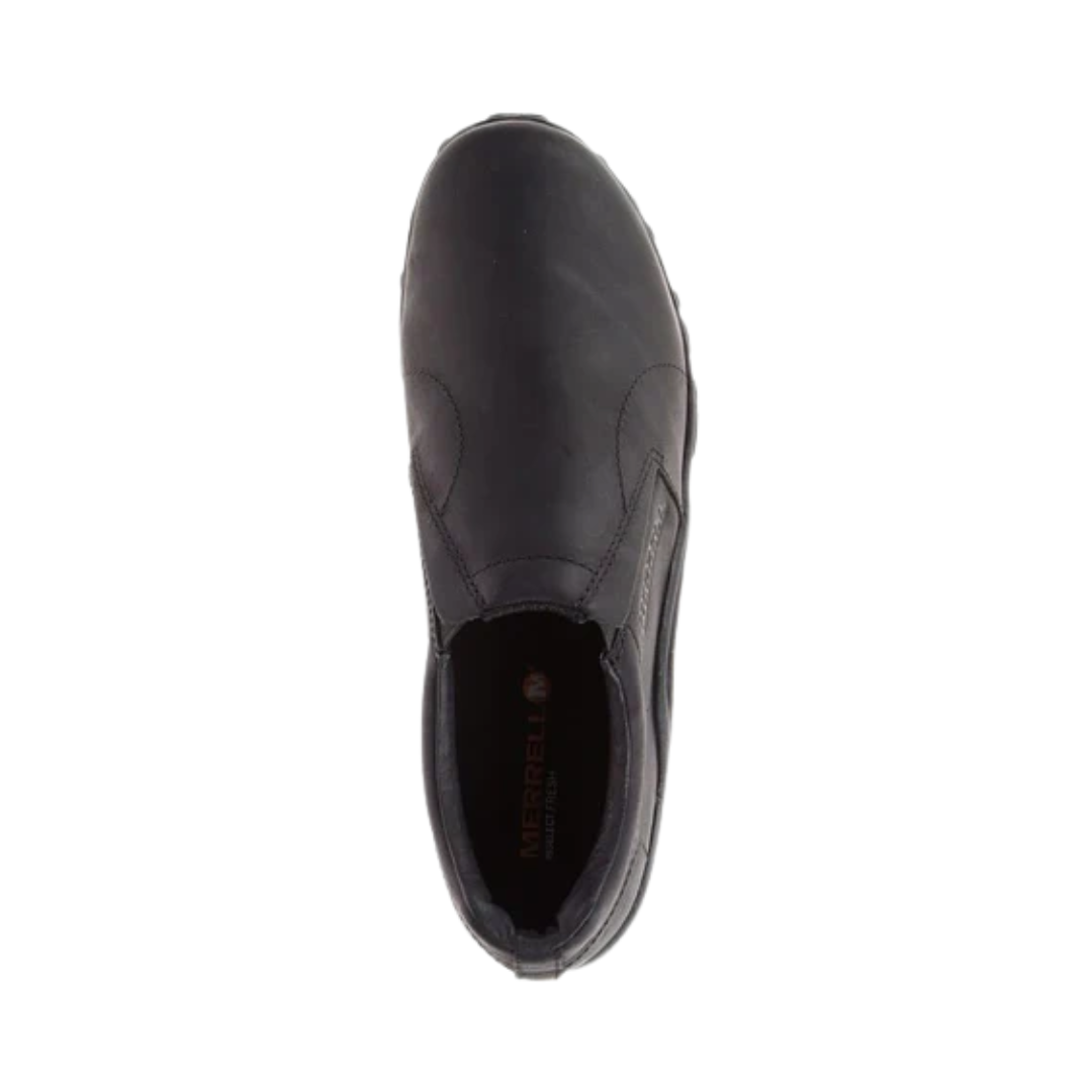 Top View of Men’s Merrell Jungle Moc slip-on shoe in midnight – featuring a smooth suede upper, dual elastic side goring for easy on and off, and a cushioned insole for all-day comfort.