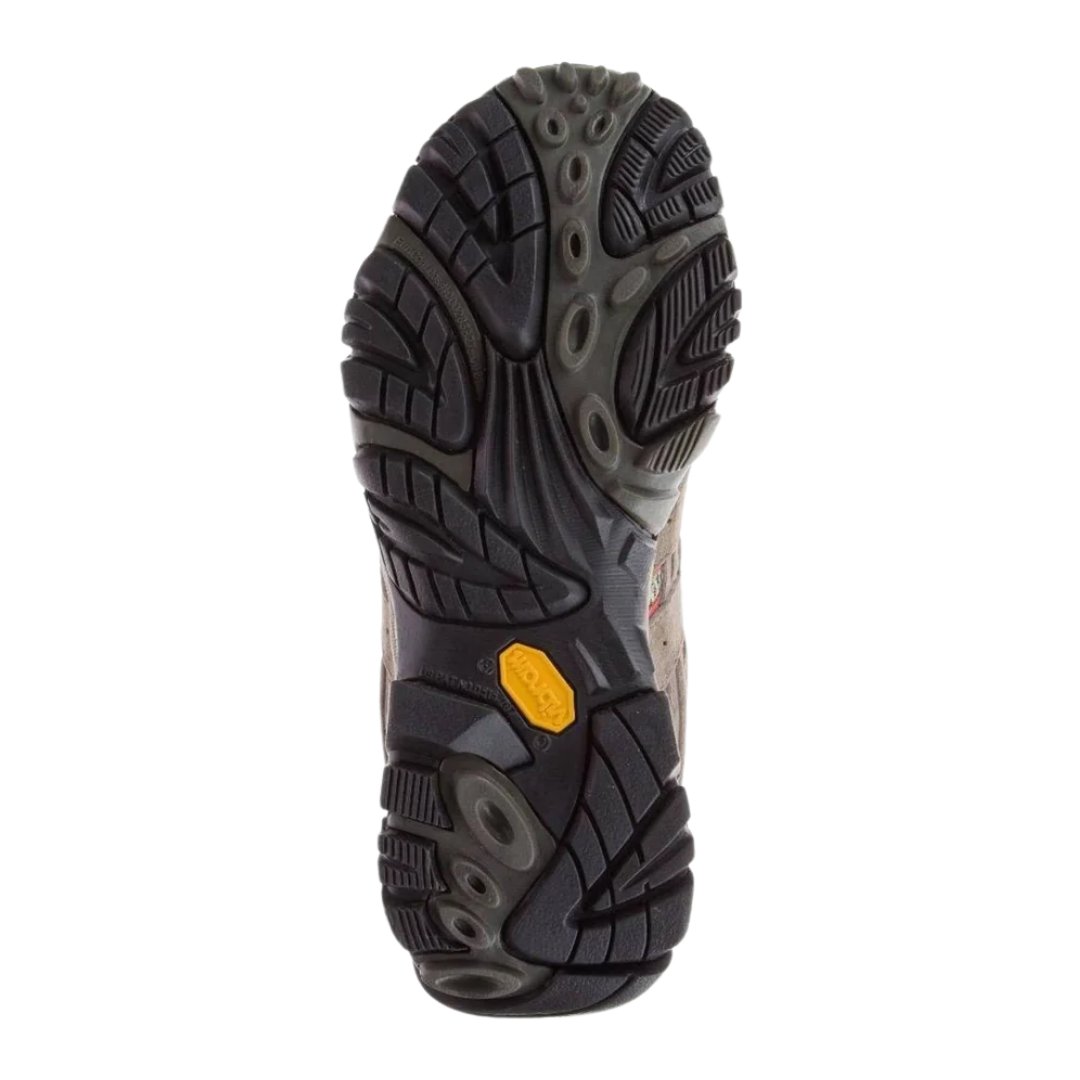 Bottom view of Women’s Merrell Moab 2 Mid Waterproof in Bungee Cord – featuring a Vibram® TC5+ rubber outsole with aggressive lugs, arch support zones, and reinforced heel and forefoot traction designed for hiking and variable terrain.