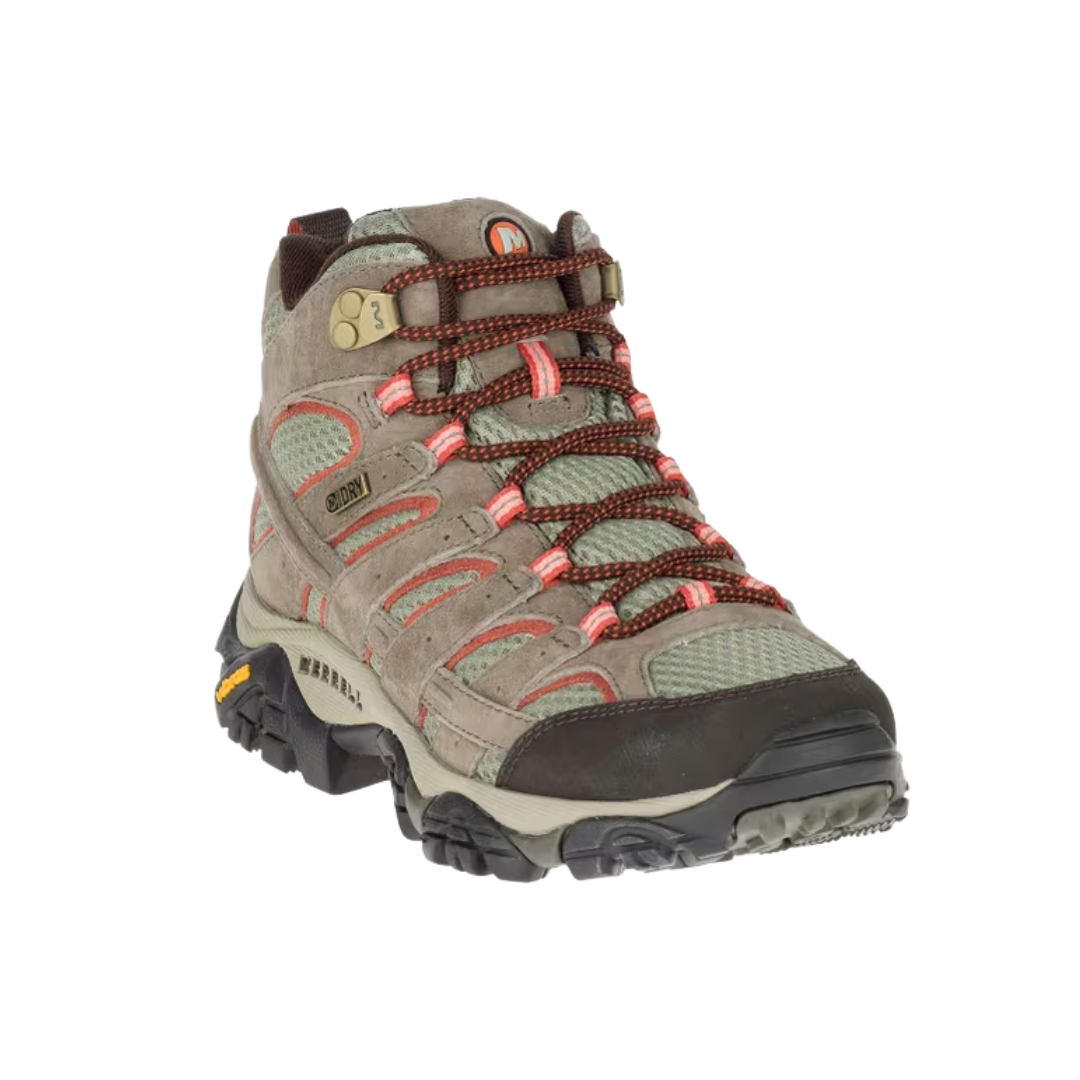 Angled view of Women’s Merrell Moab 2 Mid Waterproof in Bungee Cord – featuring a rugged yet breathable upper, waterproof protection, responsive cushioning, and a classic hiking boot profile built for comfort and performance on the trail.