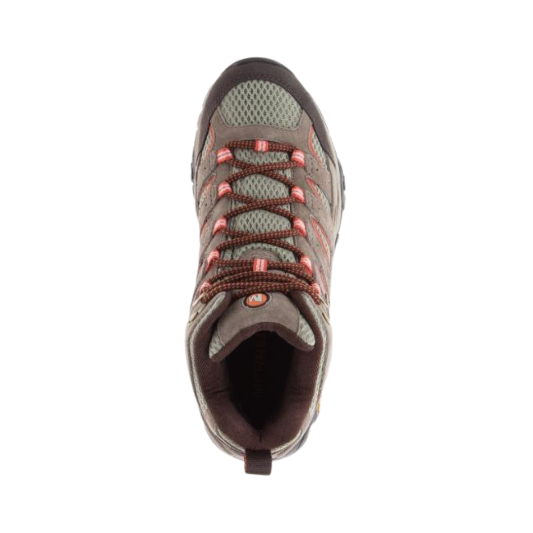 Top View of Women’s Merrell Moab 2 Mid Waterproof hiking boot in bungee cord – featuring a padded tongue and collar, contoured footbed for support, and breathable mesh lining.
