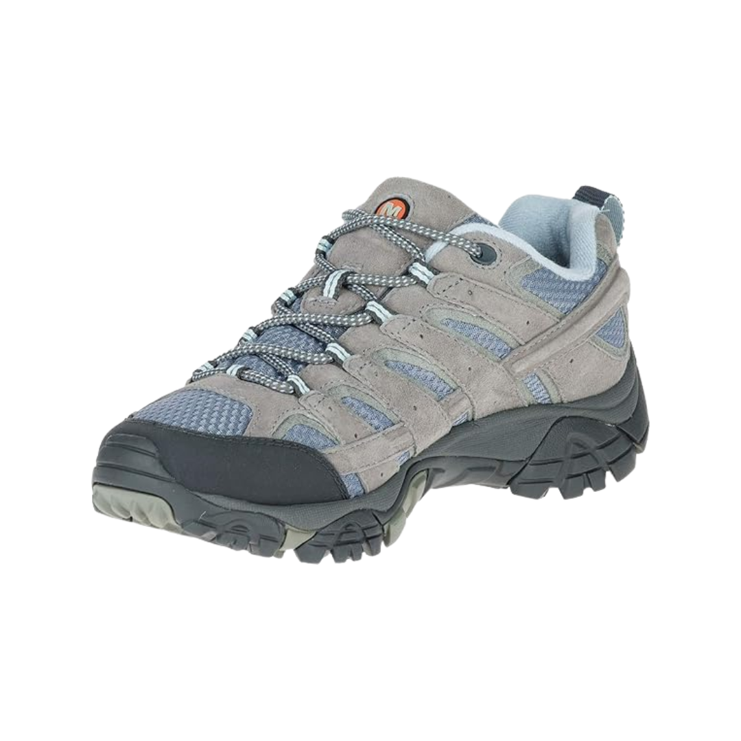 Angled view of Women’s Merrell Moab 2 Vent hiking shoe in smoke – featuring a ventilated design for enhanced breathability, durable overlays for added support, and sleek silhouette optimized for trail hiking.