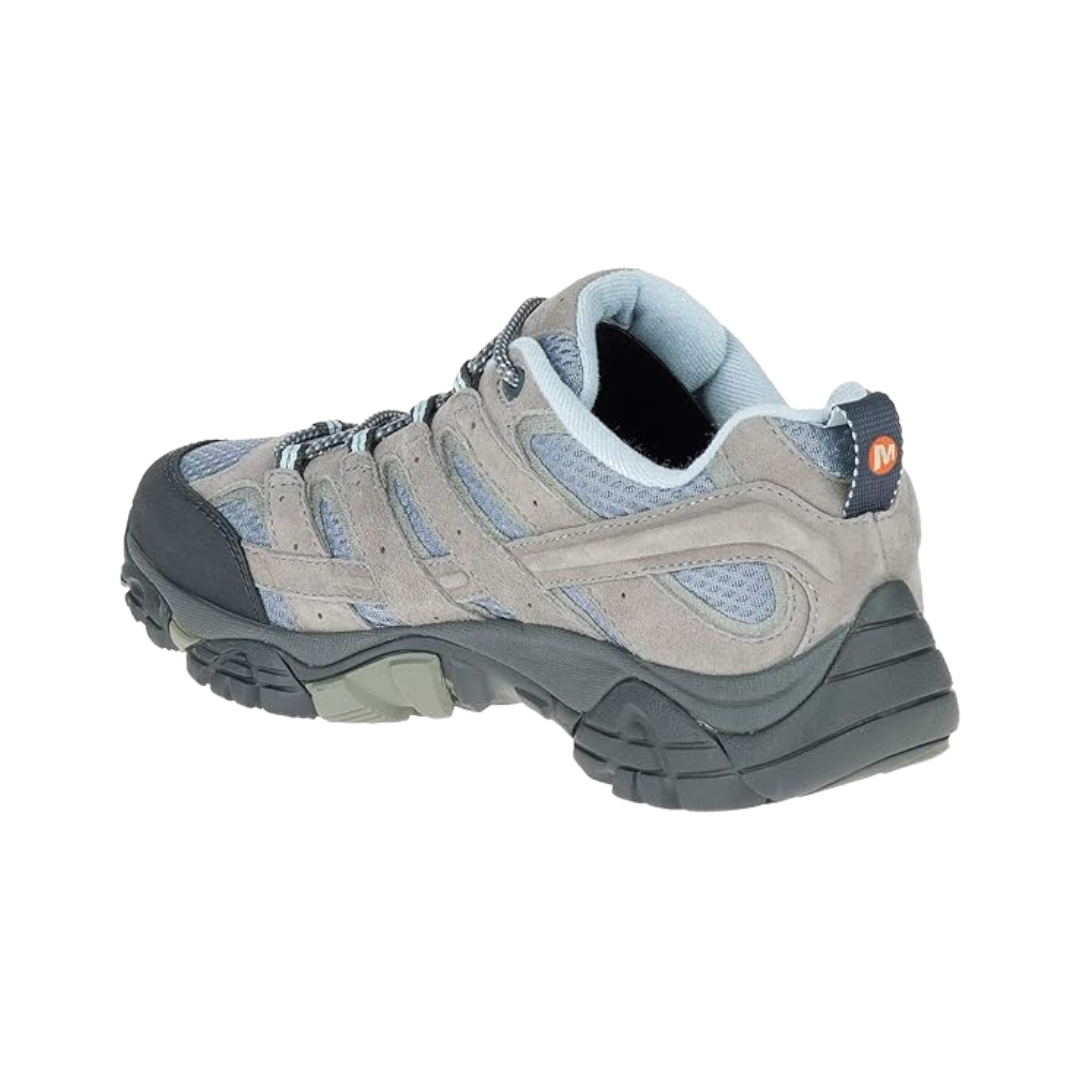 Back view of Women’s Merrell Moab 2 Vent hiking shoe in smoke – featuring molded heel counter for rearfoot stability, pull tab for easy on and off, and reflective accents for visibility in low-light conditions.