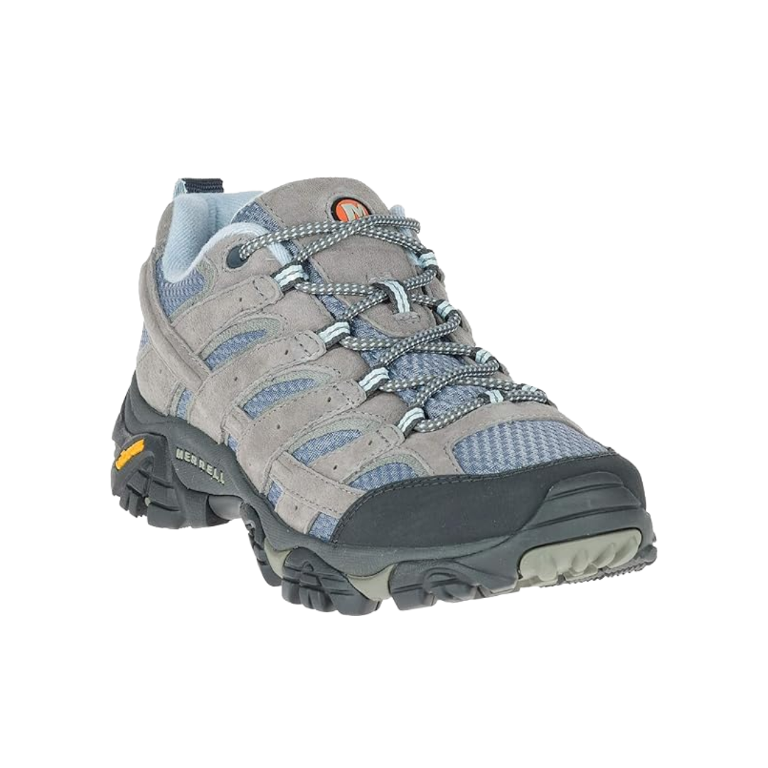 Angled view of Women’s Merrell Moab 2 Vent hiking shoe in smoke – featuring a ventilated design for enhanced breathability, durable overlays for added support, and sleek silhouette optimized for trail hiking.