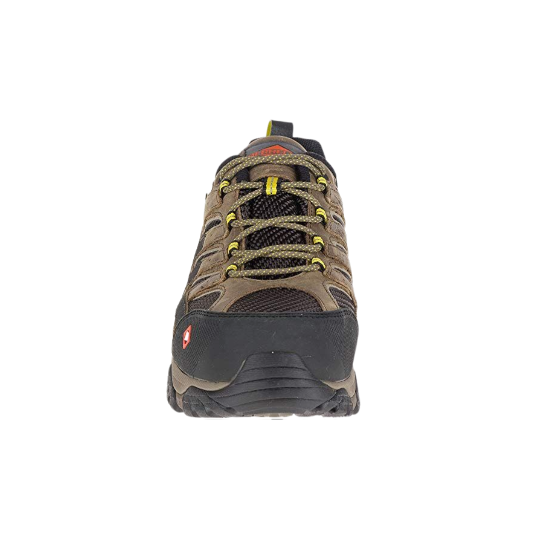 Front View of Men’s Merrell Moab 2 Vent Composite Toe work shoe in boulder – featuring a protective composite toe, breathable mesh upper with leather overlays, and reinforced toe bumper for durability.