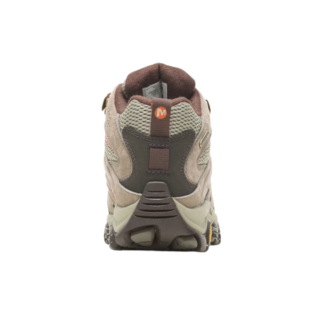 Back view of Women’s Merrell Moab 3 Mid Waterproof Boot in bungee cord – featuring molded heel counter for rearfoot stability, pull tab for easy on and off, and reflective accents for low-light visibility.