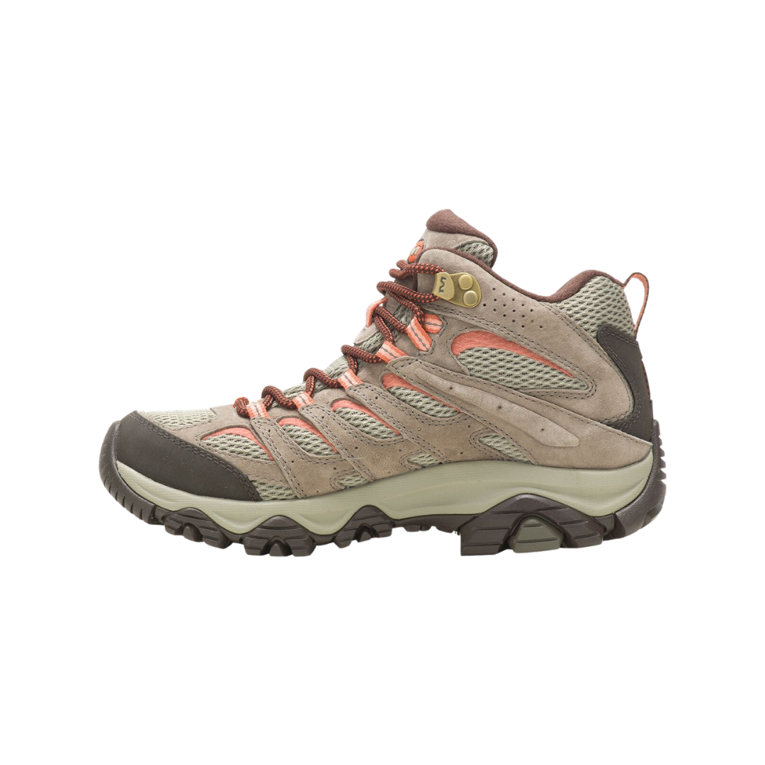 Side view of Women’s Merrell Moab 3 Mid Waterproof Boot in bungee cord – featuring a waterproof leather and mesh upper for weather protection, cushioned midsole with air cushion for shock absorption, and reinforced toe cap for trail durability.