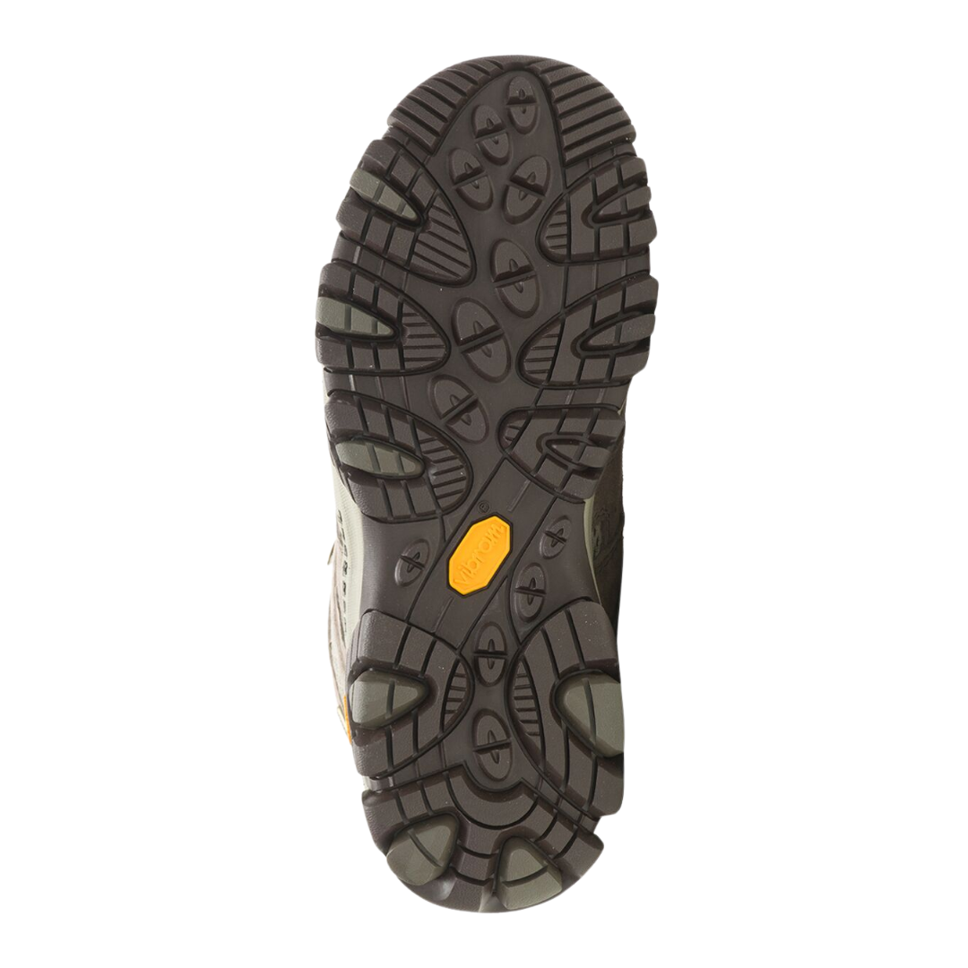Bottom view of Women’s Merrell Moab 3 Mid Waterproof Boot in bungee cord – featuring a Vibram rubber outsole with multi-directional lugs for excellent traction on varied terrain, flex grooves for natural foot movement, and non-marking sole for versatile use.