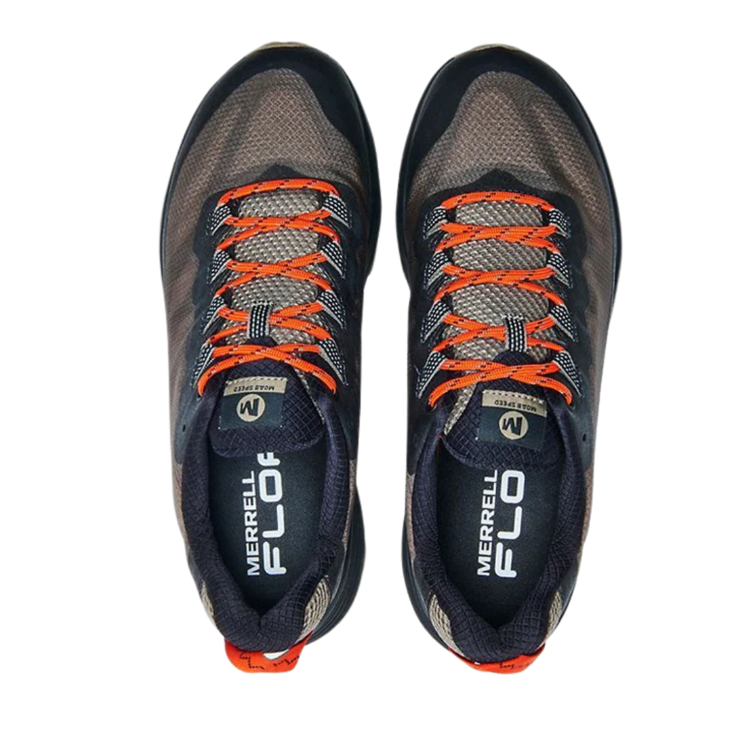 Top view of Men’s Merrell Moab Speed hiking shoe in brindle – featuring padded collar and tongue for ankle support, moisture-wicking lining to keep feet dry and healthy, and secure lace-up closure for locked-in fit.