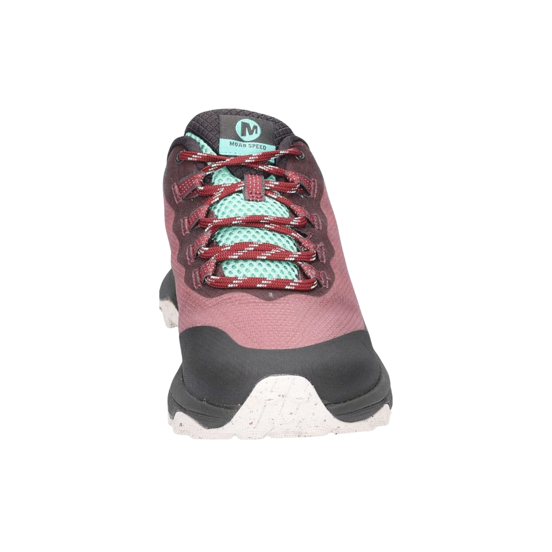 Front view of Women’s Merrell Moab Speed hiking shoe in burlwood – featuring reinforced toe cap for trail protection, ventilated forefoot mesh for airflow, and structured lacing system for even pressure distribution.