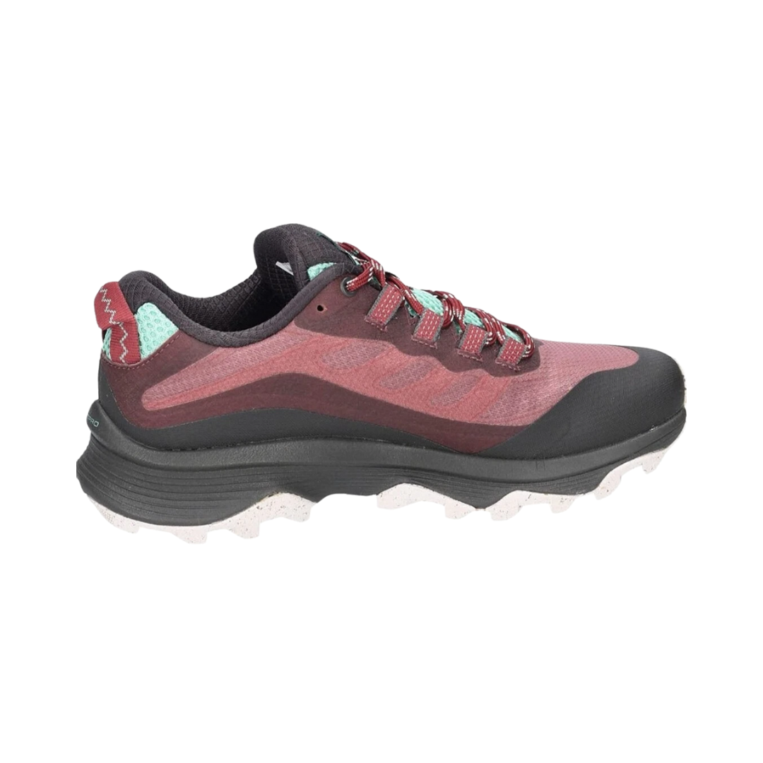Side view of Women’s Merrell Moab Speed hiking shoe in burlwood – featuring a breathable mesh and synthetic upper for lightweight durability, cushioned midsole for all-day comfort, and reinforced toe cap for protection on rugged trails.