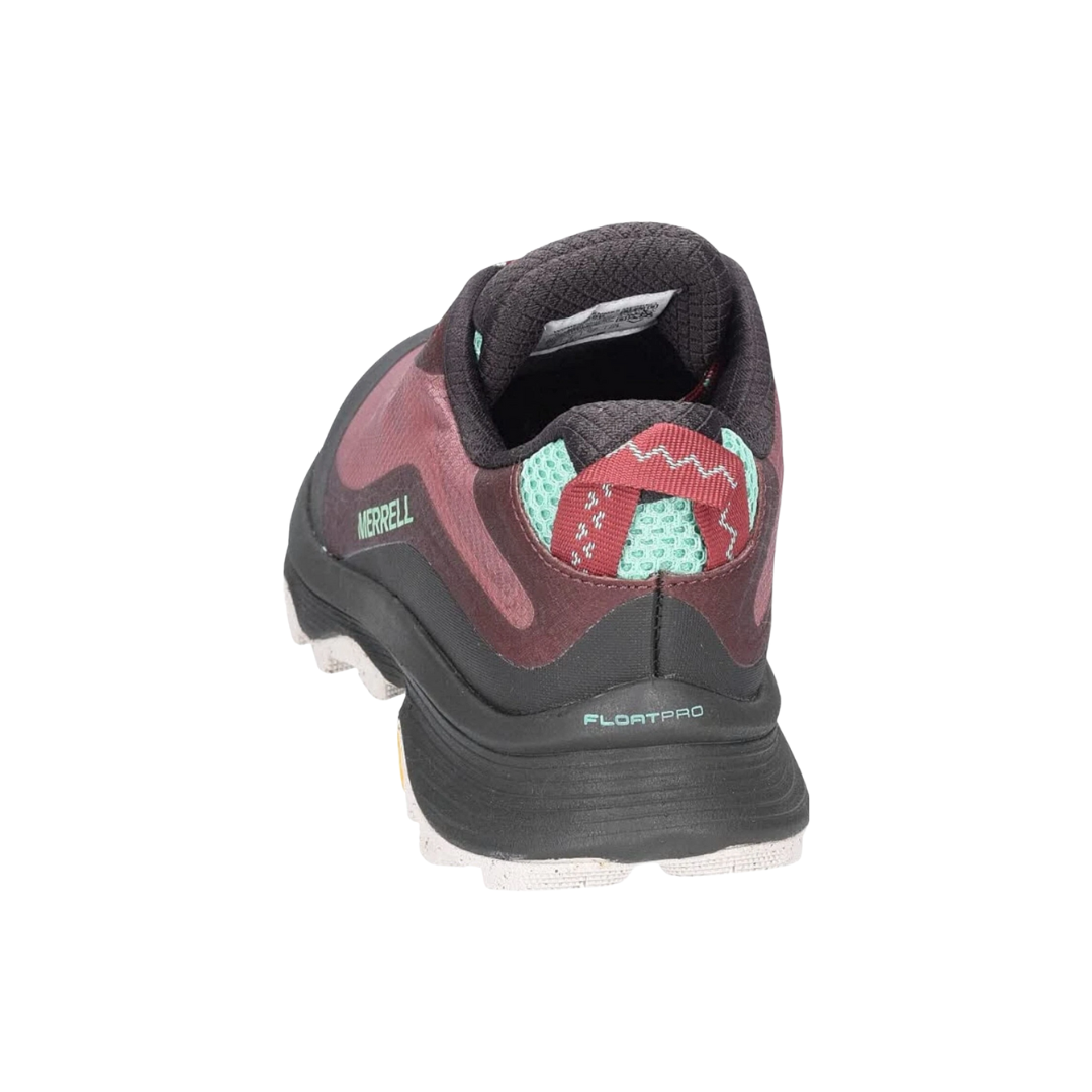 Back view of Women’s Merrell Moab Speed hiking shoe in burlwood – featuring molded heel counter for rearfoot stability, pull tab for easy on and off, and reflective accents for low-light visibility.