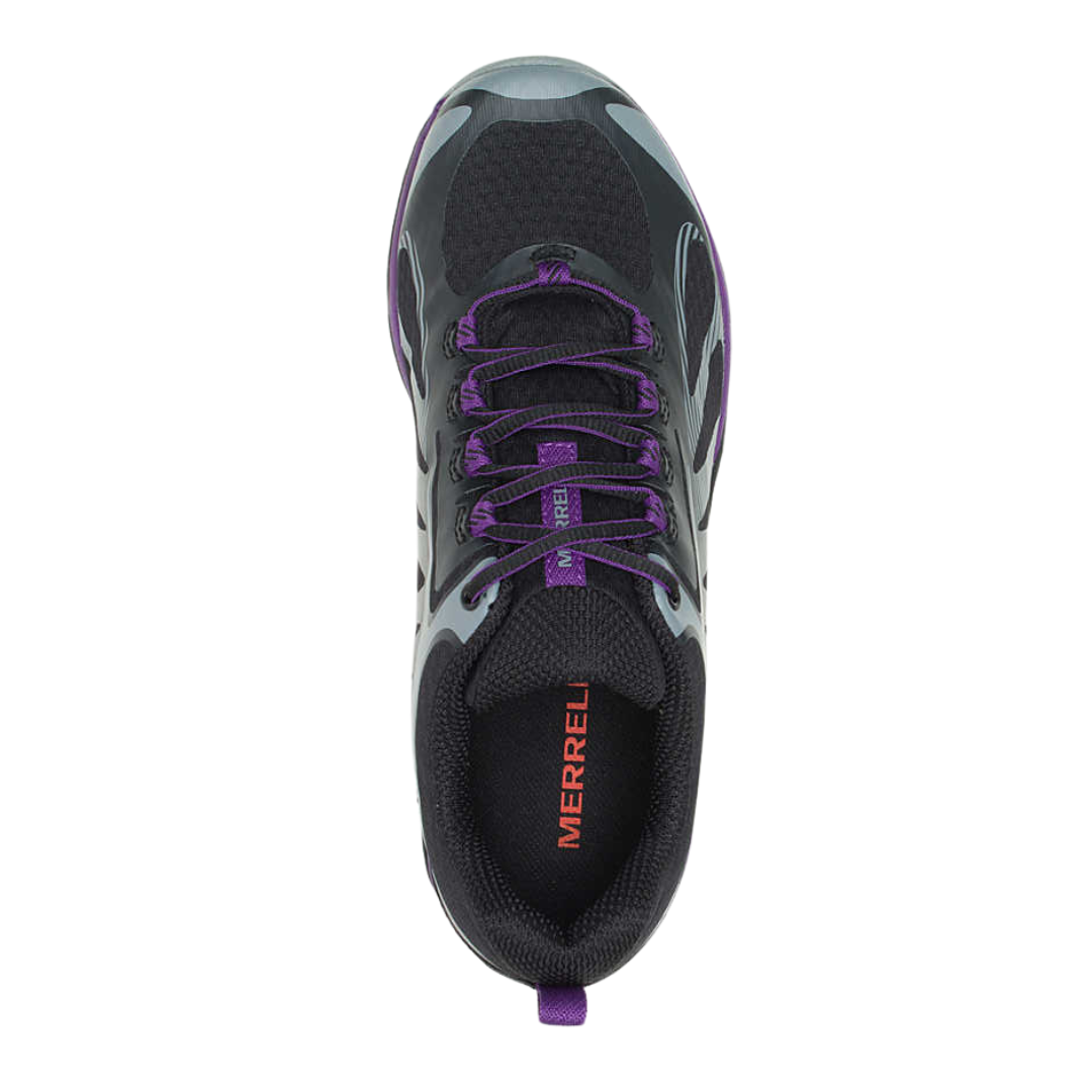 Top view of Women’s Merrell Siren Edge 3 in Black/Acai – featuring contoured padding at the collar and tongue, breathable mesh inlays, and anatomical shaping for a snug and stable fit.