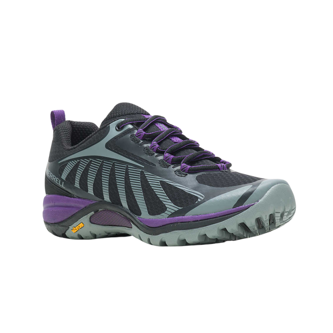 Angled view of Women’s Merrell Siren Edge 3 in Black/Acai – featuring breathable mesh panels, reinforced synthetic overlays, lightweight cushioning, and a feminine silhouette combining trail durability with everyday versatility.