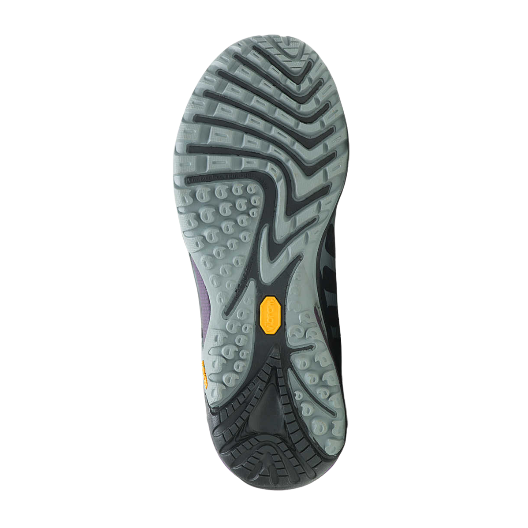 Bottom view of Women’s Merrell Siren Edge 3 in Black/Acai – featuring a durable rubber outsole with trail-specific lugs, flex grooves for agility, and multidirectional grip for control on uneven terrain.